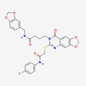 molecular formula C29H25FN4O7S B2417105 N-[(2H-1,3-benzodioxol-5-yl)methyl]-4-[6-({[(4-fluorophenyl)carbamoyl]methyl}sulfanyl)-8-oxo-2H,7H,8H-[1,3]dioxolo[4,5-g]quinazolin-7-yl]butanamide CAS No. 896681-81-5