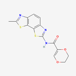 molecular formula C14H11N3O3S2 B2417271 N-{11-methyl-3,12-dithia-5,10-diazatricyclo[7.3.0.0^{2,6}]dodeca-1(9),2(6),4,7,10-pentaen-4-yl}-5,6-dihydro-1,4-dioxine-2-carboxamide CAS No. 864937-58-6