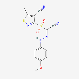 molecular formula C14H11N5O3S2 B2417287 (Z)-1-[(4-cyano-5-methyl-1,2-thiazol-3-yl)sulfonyl]-N-(4-methoxyphenyl)methanecarbohydrazonoyl cyanide CAS No. 337928-23-1