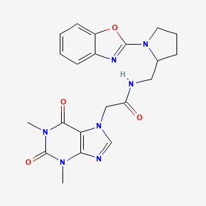 molecular formula C21H23N7O4 B2417319 N-[[1-(1,3-Benzoxazol-2-yl)pyrrolidin-2-yl]methyl]-2-(1,3-dimethyl-2,6-dioxopurin-7-yl)acetamide CAS No. 1798541-01-1