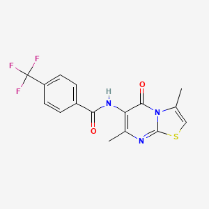 molecular formula C16H12F3N3O2S B2417796 N-{3,7-dimethyl-5-oxo-5H-[1,3]thiazolo[3,2-a]pyrimidin-6-yl}-4-(trifluoromethyl)benzamide CAS No. 946357-97-7