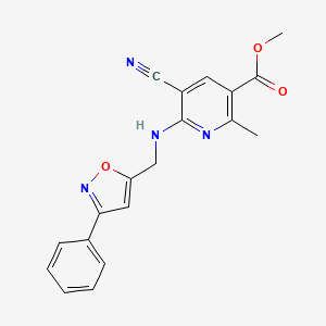 molecular formula C19H16N4O3 B2417797 Methyl 5-cyano-2-methyl-6-{[(3-phenyl-5-isoxazolyl)methyl]amino}nicotinate CAS No. 338749-65-8