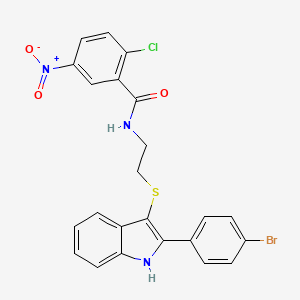 molecular formula C23H17BrClN3O3S B2417800 N-(2-((2-(4-bromophenyl)-1H-indol-3-yl)thio)ethyl)-2-chloro-5-nitrobenzamide CAS No. 1023866-41-2