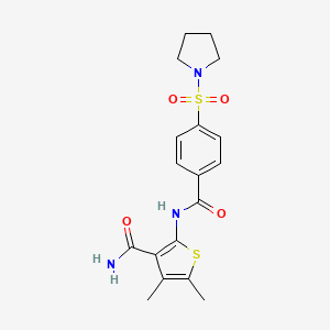 molecular formula C18H21N3O4S2 B2418002 4,5-二甲基-2-(4-(吡咯烷-1-基磺酰基)苯甲酰胺)噻吩-3-甲酰胺 CAS No. 896307-26-9