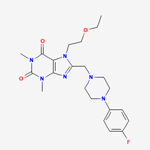 molecular formula C22H29FN6O3 B2418089 7-(2-ethoxyethyl)-8-{[4-(4-fluorophenyl)piperazin-1-yl]methyl}-1,3-dimethyl-3,7-dihydro-1H-purine-2,6-dione CAS No. 851941-36-1