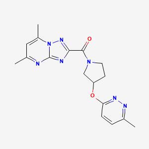 molecular formula C17H19N7O2 B2418092 (5,7-Dimethyl-[1,2,4]triazolo[1,5-a]pyrimidin-2-yl)(3-((6-methylpyridazin-3-yl)oxy)pyrrolidin-1-yl)methanone CAS No. 2034501-82-9