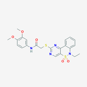 molecular formula C22H22N4O5S2 B2418094 N-(3,4-dimethoxyphenyl)-2-((6-ethyl-5,5-dioxido-6H-benzo[c]pyrimido[4,5-e][1,2]thiazin-2-yl)thio)acetamide CAS No. 951478-71-0