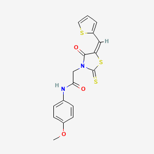 molecular formula C17H14N2O3S3 B2418108 (E)-N-(4-methoxyphenyl)-2-(4-oxo-5-(thiophen-2-ylmethylene)-2-thioxothiazolidin-3-yl)acetamide CAS No. 637318-18-4