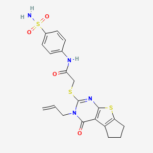 molecular formula C20H20N4O4S3 B2418253 2-{[12-oxo-11-(prop-2-en-1-yl)-7-thia-9,11-diazatricyclo[6.4.0.0^{2,6}]dodeca-1(8),2(6),9-trien-10-yl]sulfanyl}-N-(4-sulfamoylphenyl)acetamide CAS No. 618393-23-0