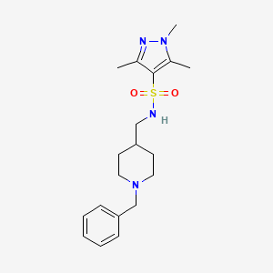 molecular formula C19H28N4O2S B2418661 N-((1-benzylpiperidin-4-yl)methyl)-1,3,5-trimethyl-1H-pyrazole-4-sulfonamide CAS No. 1448056-96-9