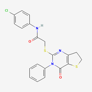molecular formula C20H16ClN3O2S2 B2418800 N-(4-chlorophenyl)-2-({4-oxo-3-phenyl-3H,4H,6H,7H-thieno[3,2-d]pyrimidin-2-yl}sulfanyl)acetamide CAS No. 686771-07-3