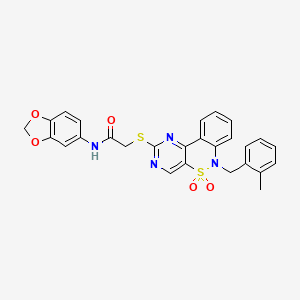 molecular formula C27H22N4O5S2 B2418881 N-(2H-1,3-benzodioxol-5-yl)-2-({9-[(2-methylphenyl)methyl]-8,8-dioxo-8lambda6-thia-3,5,9-triazatricyclo[8.4.0.0^{2,7}]tetradeca-1(14),2(7),3,5,10,12-hexaen-4-yl}sulfanyl)acetamide CAS No. 895100-93-3