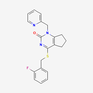 molecular formula C20H18FN3OS B2419029 4-((2-fluorobenzyl)thio)-1-(pyridin-2-ylmethyl)-6,7-dihydro-1H-cyclopenta[d]pyrimidin-2(5H)-one CAS No. 899957-83-6