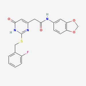 molecular formula C20H16FN3O4S B2419281 N-(benzo[d][1,3]dioxol-5-yl)-2-(2-((2-fluorobenzyl)thio)-6-oxo-1,6-dihydropyrimidin-4-yl)acetamide CAS No. 1172012-13-3