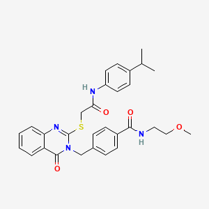 molecular formula C30H32N4O4S B2419435 N-(2-methoxyethyl)-4-({4-oxo-2-[({[4-(propan-2-yl)phenyl]carbamoyl}methyl)sulfanyl]-3,4-dihydroquinazolin-3-yl}methyl)benzamide CAS No. 1115550-14-5