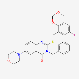 molecular formula C28H26FN3O4S B2419549 3-benzyl-2-{[(6-fluoro-2,4-dihydro-1,3-benzodioxin-8-yl)methyl]sulfanyl}-6-(morpholin-4-yl)-3,4-dihydroquinazolin-4-one CAS No. 422279-01-4