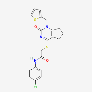molecular formula C20H18ClN3O2S2 B2419583 N-(4-chlorophenyl)-2-((2-oxo-1-(thiophen-2-ylmethyl)-2,5,6,7-tetrahydro-1H-cyclopenta[d]pyrimidin-4-yl)thio)acetamide CAS No. 899987-20-3