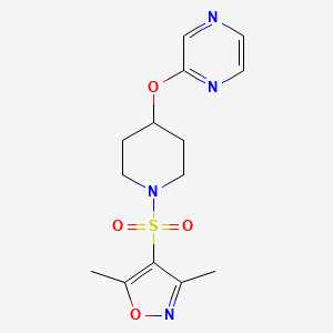 molecular formula C14H18N4O4S B2419773 2-({1-[(3,5-dimethyl-1,2-oxazol-4-yl)sulfonyl]piperidin-4-yl}oxy)pyrazine CAS No. 1448059-86-6