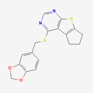 molecular formula C17H14N2O2S2 B2419833 4-((benzo[d][1,3]dioxol-5-ylmethyl)thio)-6,7-dihydro-5H-cyclopenta[4,5]thieno[2,3-d]pyrimidine CAS No. 314244-97-8