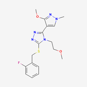 molecular formula C17H20FN5O2S B2419890 3-((2-fluorobenzyl)thio)-5-(3-methoxy-1-methyl-1H-pyrazol-4-yl)-4-(2-methoxyethyl)-4H-1,2,4-triazole CAS No. 1014095-26-1