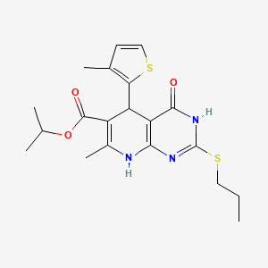 molecular formula C20H25N3O3S2 B2419909 propan-2-yl 7-methyl-5-(3-methylthiophen-2-yl)-4-oxo-2-(propylsulfanyl)-3H,4H,5H,8H-pyrido[2,3-d]pyrimidine-6-carboxylate CAS No. 878624-87-4