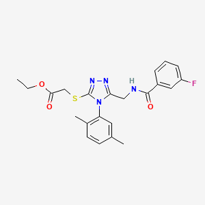 molecular formula C22H23FN4O3S B2419985 ethyl 2-{[4-(2,5-dimethylphenyl)-5-{[(3-fluorophenyl)formamido]methyl}-4H-1,2,4-triazol-3-yl]sulfanyl}acetate CAS No. 689748-15-0