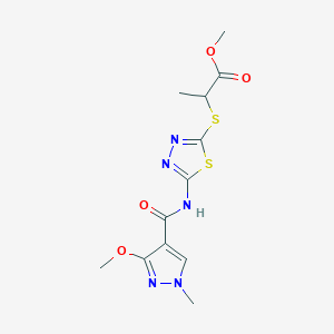 molecular formula C12H15N5O4S2 B2420012 methyl 2-((5-(3-methoxy-1-methyl-1H-pyrazole-4-carboxamido)-1,3,4-thiadiazol-2-yl)thio)propanoate CAS No. 1172917-91-7