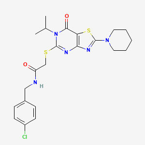 molecular formula C22H26ClN5O2S2 B2420113 N-[(4-chlorophenyl)methyl]-2-{[7-oxo-2-(piperidin-1-yl)-6-(propan-2-yl)-6H,7H-[1,3]thiazolo[4,5-d]pyrimidin-5-yl]sulfanyl}acetamide CAS No. 1207014-62-7