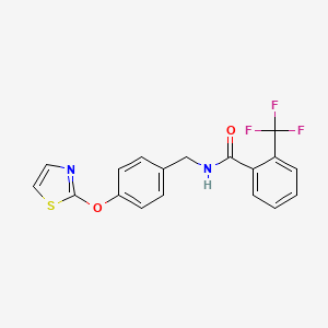 molecular formula C18H13F3N2O2S B2420188 N-(4-(thiazol-2-yloxy)benzyl)-2-(trifluoromethyl)benzamide CAS No. 2034616-71-0