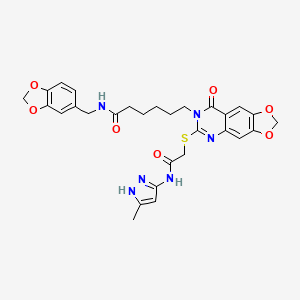 molecular formula C29H30N6O7S B2420356 N-[(2H-1,3-benzodioxol-5-yl)methyl]-6-[6-({[(3-methyl-1H-pyrazol-5-yl)carbamoyl]methyl}sulfanyl)-8-oxo-2H,7H,8H-[1,3]dioxolo[4,5-g]quinazolin-7-yl]hexanamide CAS No. 896682-14-7
