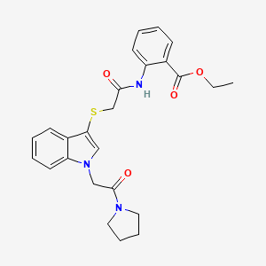molecular formula C25H27N3O4S B2420370 ethyl 2-[2-({1-[2-oxo-2-(pyrrolidin-1-yl)ethyl]-1H-indol-3-yl}sulfanyl)acetamido]benzoate CAS No. 877658-99-6