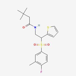 molecular formula C19H24FNO3S2 B2420417 N-(2-((4-fluoro-3-methylphenyl)sulfonyl)-2-(thiophen-2-yl)ethyl)-3,3-dimethylbutanamide CAS No. 946242-82-6