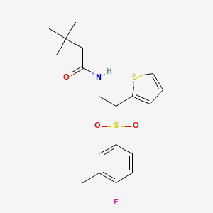 N-(2-((4-fluoro-3-methylphenyl)sulfonyl)-2-(thiophen-2-yl)ethyl)-3,3-dimethylbutanamide