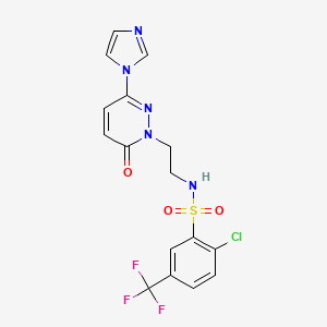 molecular formula C16H13ClF3N5O3S B2420459 N-(2-(3-(1H-imidazol-1-yl)-6-oxopyridazin-1(6H)-yl)ethyl)-2-chloro-5-(trifluoromethyl)benzenesulfonamide CAS No. 1396803-43-2
