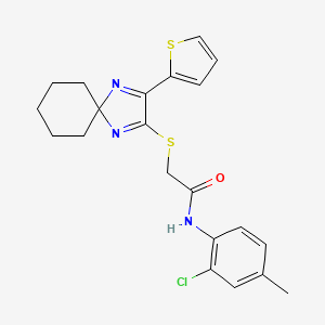 molecular formula C21H22ClN3OS2 B2420535 N-(2-chloro-4-methylphenyl)-2-{[3-(thiophen-2-yl)-1,4-diazaspiro[4.5]deca-1,3-dien-2-yl]sulfanyl}acetamide CAS No. 1224015-57-9
