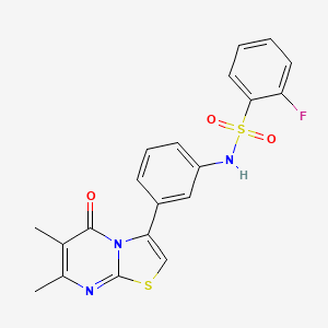 molecular formula C20H16FN3O3S2 B2420695 N-(3-(6,7-dimethyl-5-oxo-5H-thiazolo[3,2-a]pyrimidin-3-yl)phenyl)-2-fluorobenzenesulfonamide CAS No. 1020980-72-6