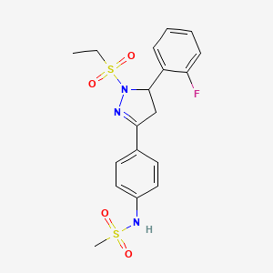 molecular formula C18H20FN3O4S2 B2420754 N-(4-(1-(ethylsulfonyl)-5-(2-fluorophenyl)-4,5-dihydro-1H-pyrazol-3-yl)phenyl)methanesulfonamide CAS No. 851781-06-1