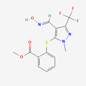 molecular formula C14H12F3N3O3S B2420860 methyl 2-{[4-[(hydroxyimino)methyl]-1-methyl-3-(trifluoromethyl)-1H-pyrazol-5-yl]sulfanyl}benzenecarboxylate CAS No. 318238-26-5