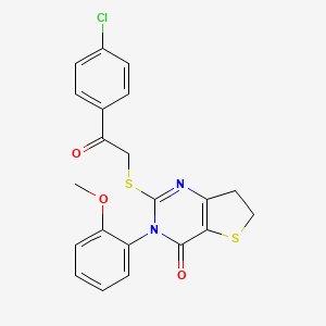 molecular formula C21H17ClN2O3S2 B2421050 2-((2-(4-chlorophenyl)-2-oxoethyl)thio)-3-(2-methoxyphenyl)-6,7-dihydrothieno[3,2-d]pyrimidin-4(3H)-one CAS No. 850915-49-0