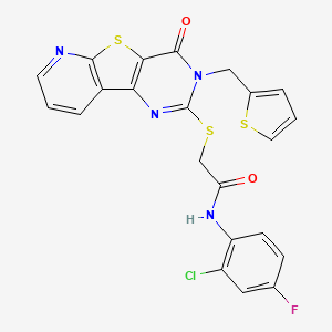 molecular formula C22H14ClFN4O2S3 B2421769 N-(2-chloro-4-fluorophenyl)-2-[[6-oxo-5-(thiophen-2-ylmethyl)-8-thia-3,5,10-triazatricyclo[7.4.0.02,7]trideca-1(9),2(7),3,10,12-pentaen-4-yl]sulfanyl]acetamide CAS No. 1030121-31-3