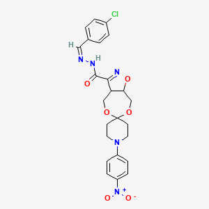 molecular formula C24H24ClN5O6 B2421797 N-[(Z)-(4-chlorophenyl)methylideneamino]-1'-(4-nitrophenyl)spiro[3a,4,8,8a-tetrahydro-[1,3]dioxepino[5,6-d][1,2]oxazole-6,4'-piperidine]-3-carboxamide CAS No. 303152-85-4