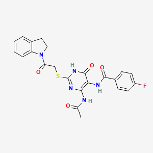 molecular formula C23H20FN5O4S B2421923 N-(4-acetamido-2-((2-(indolin-1-yl)-2-oxoethyl)thio)-6-oxo-1,6-dihydropyrimidin-5-yl)-4-fluorobenzamide CAS No. 872608-77-0