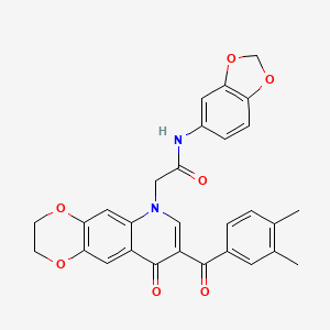 molecular formula C29H24N2O7 B2421984 N-(2H-1,3-BENZODIOXOL-5-YL)-2-[8-(3,4-DIMETHYLBENZOYL)-9-OXO-2H,3H,6H,9H-[1,4]DIOXINO[2,3-G]QUINOLIN-6-YL]ACETAMIDE CAS No. 866349-72-6