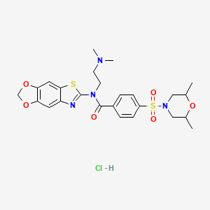 molecular formula C25H31ClN4O6S2 B2422044 N-[2-(dimethylamino)ethyl]-4-(2,6-dimethylmorpholin-4-yl)sulfonyl-N-([1,3]dioxolo[4,5-f][1,3]benzothiazol-6-yl)benzamide;hydrochloride CAS No. 1321828-73-2