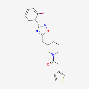 molecular formula C20H20FN3O2S B2422072 1-(3-((3-(2-Fluorophenyl)-1,2,4-oxadiazol-5-yl)methyl)piperidin-1-yl)-2-(thiophen-3-yl)ethanone CAS No. 1705357-06-7