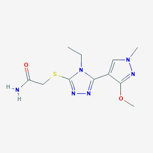 molecular formula C11H16N6O2S B2422294 2-((4-ethyl-5-(3-methoxy-1-methyl-1H-pyrazol-4-yl)-4H-1,2,4-triazol-3-yl)thio)acetamide CAS No. 1014053-20-3