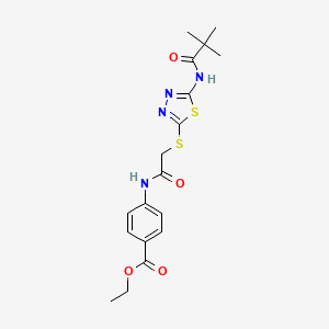 molecular formula C18H22N4O4S2 B2422431 Ethyl 4-[[2-[[5-(2,2-dimethylpropanoylamino)-1,3,4-thiadiazol-2-yl]sulfanyl]acetyl]amino]benzoate CAS No. 392292-49-8