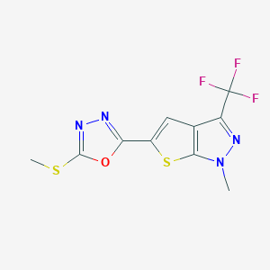 molecular formula C10H7F3N4OS2 B2422451 1-methyl-5-[5-(methylsulfanyl)-1,3,4-oxadiazol-2-yl]-3-(trifluoromethyl)-1H-thieno[2,3-c]pyrazole CAS No. 339103-39-8