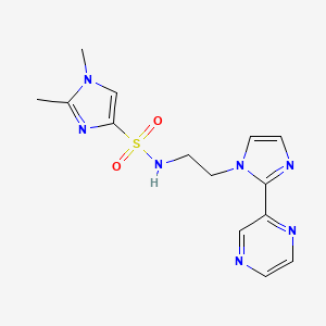 molecular formula C14H17N7O2S B2422454 1,2-dimethyl-N-(2-(2-(pyrazin-2-yl)-1H-imidazol-1-yl)ethyl)-1H-imidazole-4-sulfonamide CAS No. 2034587-61-4