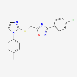molecular formula C19H15ClN4OS B2422456 3-(4-chlorophenyl)-5-(((1-(p-tolyl)-1H-imidazol-2-yl)thio)methyl)-1,2,4-oxadiazole CAS No. 951622-13-2